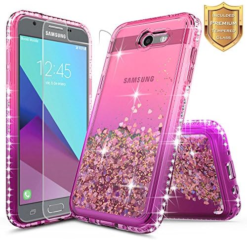 Galaxy J3 Luna Pro Case, J3 Prime/J3 Eclipse/J3 Emerge/J3 Mission w/[Tempered Glass Screen Protector], NageBee Glitter Liquid Quicksand Waterfall Girls Cute Case for Samsung J3 2017 -Pink/Purple