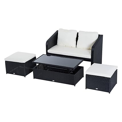 Outsunny 4-TLG. Polyrattan Gartenmöbel Sitzgruppe Gartenset Sofagarnitur Garnitur Lounge mit Kissen Schwarz 1 x Doppelsofa 1 