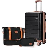 Voytra 3-Piece Luggage Set with 20” Carry On, PC+ABS Hardside Suitcase with Spinner Wheels & TSA Lock, Easy-Control Rolling Suitcase for Business Trips & Weekend Getaways (20/TB/DB Black)