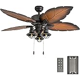 Prominence Home Ocean Crest 52" Tropical Ceiling Fan with Light and Pull Chain, Bronze - Large Indoor and Outdoor Electric Fan with 3 Mounting Options, 5 Blades, and 3-Speed Reversible Motor