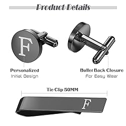 LOYALLOOK Black Initial F Cufflinks and Tie Clip