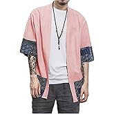 perdontoo Men's Casual Kimono Shirt Light Linen Short Sleeve Open Front Cardigan