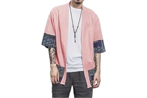 perdontoo Men's Casual Kimono Shirt Light Linen Short Sleeve Open Front Cardigan