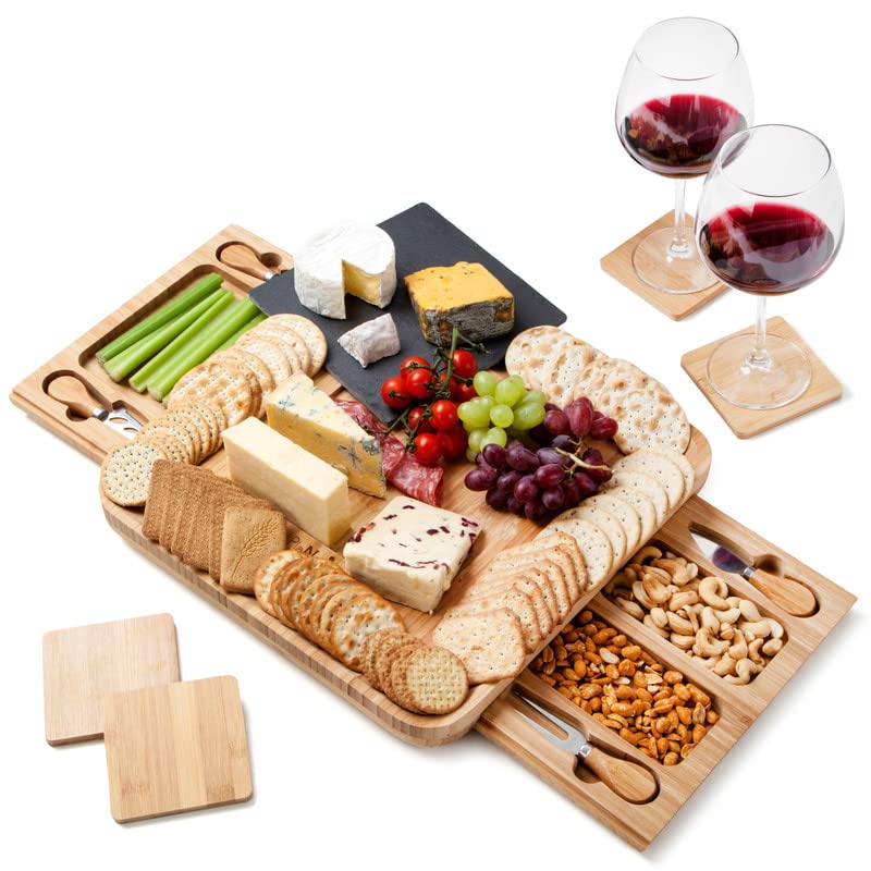 PLANET JN Bamboo Cheese Board and Knife Set with Slate Plate - Charcuterie Serving Wooden Tray