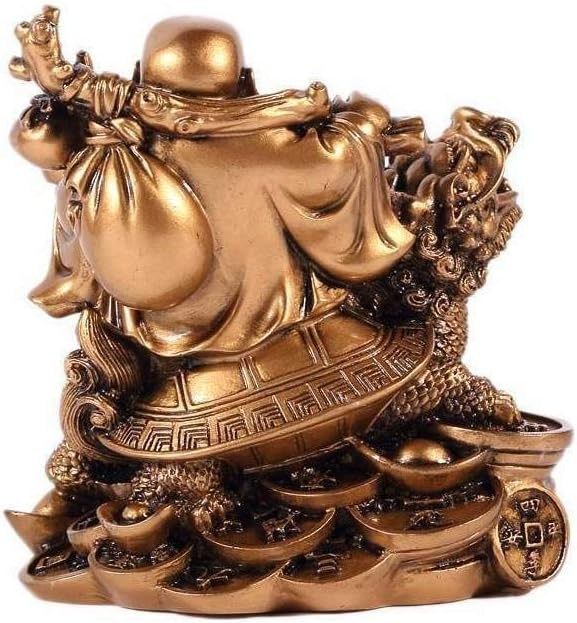 Laughing Buddha on Dragon Tortoise, Gold, 12x10x12cm - Image 4