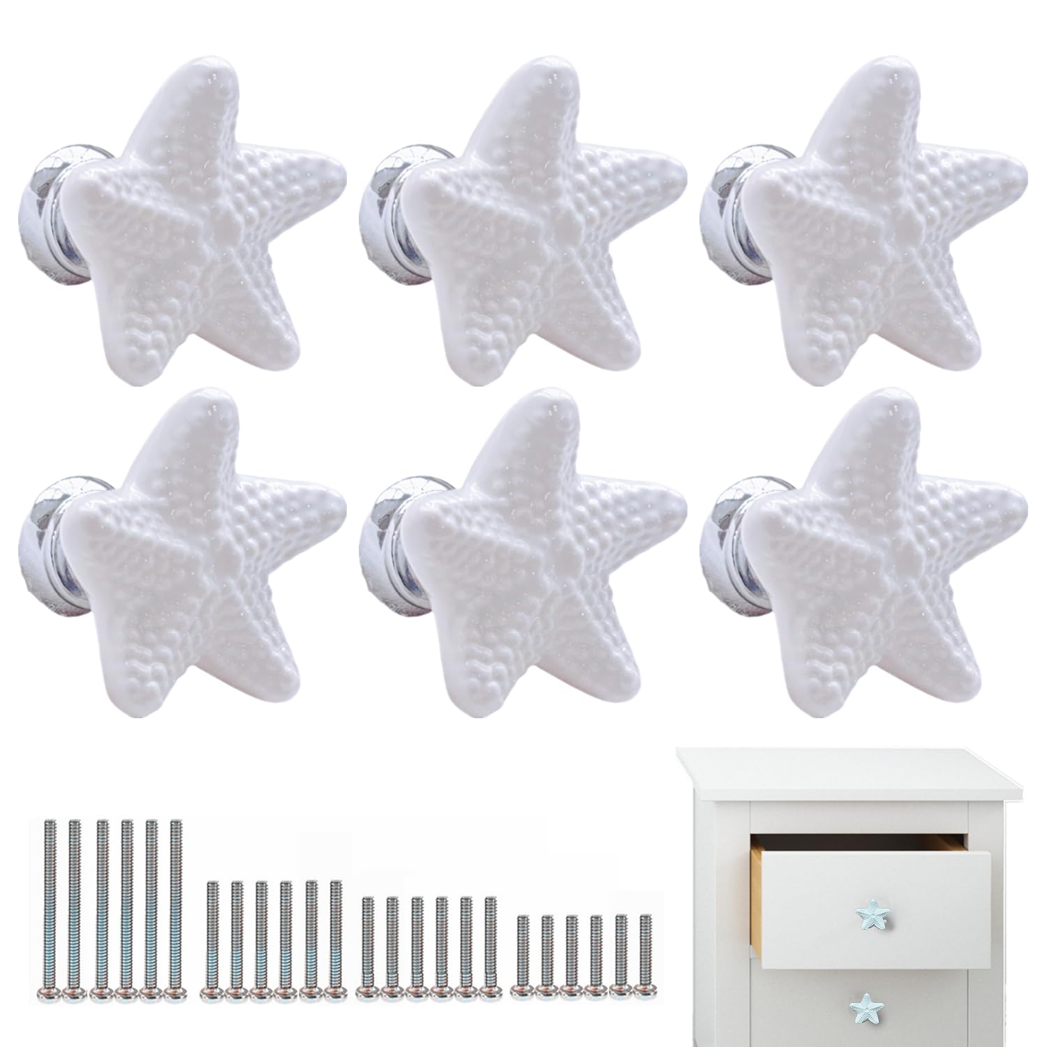 6 PCS Drawer Handles with 4 Sizes Screws, Coastal Ceramic Kitchen Handles, Starfish Drawer Knobs, Cupboard Door Handle for Dresser Bathroom and Kitchen, Beach Ocean Theme Cabinet Knobs, White — image 1