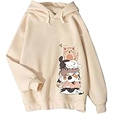 Tuislay Cute Cat Graphic Hoodies for Teen Girls Kawaii Cartoon Printed Hoodie Women Anime Print Hooded Sweatshirt Pullover