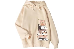 Tuislay Cute Cat Graphic Hoodies for Teen Girls Kawaii Cartoon Printed Hoodie Women Anime Print Hooded Sweatshirt Pullover