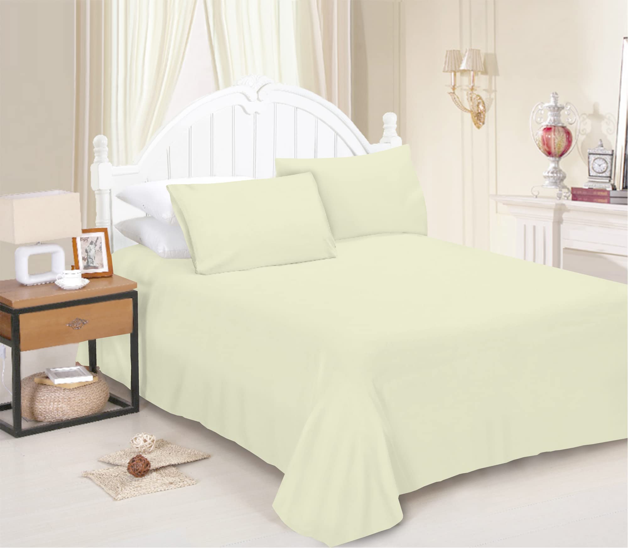 JRI® Flat Sheet- Luxurious Bed Sheet-Breathable-Hypoallergenic-Comfortable Poly Cotton Flat Sheet-Soft Touch Wrinkle Free (Cream-Double) - (Same Day Dispatch)