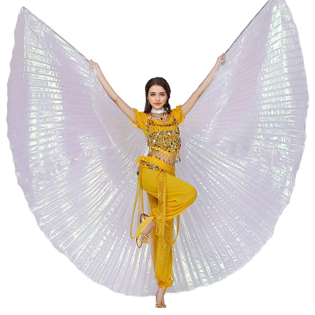 Leemiman Women Belly Dance Wings for Adult Belly Dance Costume for Halloween Carnival Performance Angel Wings with Sticks (White)