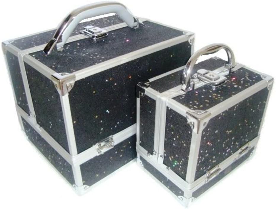 2 Piece Sparkly Glitter Aluminium Beauty Make up Vanity Case Box Nail hair Box (BLACK)