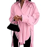 Oversized Button Down Shirts for Women Long Sleeve Boyfriend Shirt Dress Casual Collar Sexy Split High Low Blouse 100% Cotton