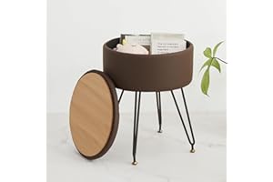 ALeesing Vanity Stool, Leather Ottoman Make Up Stool with Large Storage, Round Footrest Footstools with 4 Metal Legs & Adjustable Footings for Living Room Bedroom Entryway-Brown
