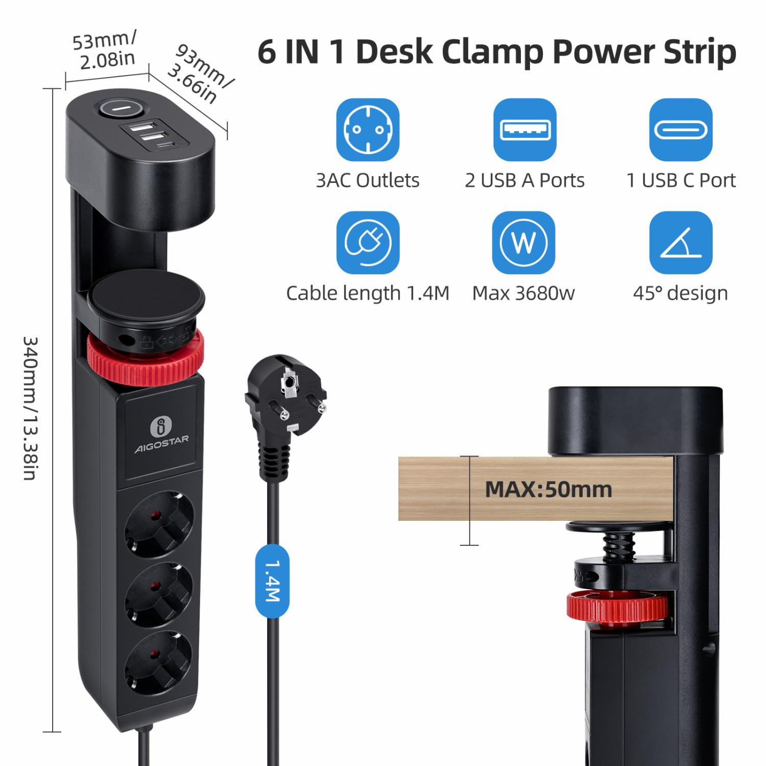 Aigostar Tischsteckdose 3-Fach mit Schalter, Steckdosenleiste mit Tischclip, Steckerleiste mit 3 USB, 6 in 1 Mehrfachsteckdose,1.4M Kabel, Schwarz 2