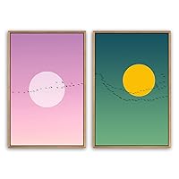 SIGNWIN Framed Canvas Print Wall Art Flock of Flying Birds Silhouette with Pink, Yellow Moon Nature Sky Illustrations Minimalism Fun for Living Room, Bedroom, Office - 16