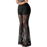 GORGLITTER Women's Floral Lace Bell Bottom Pants Sheer Mesh Flare Leg Sexy Y2K Skinny Leggings Trousers