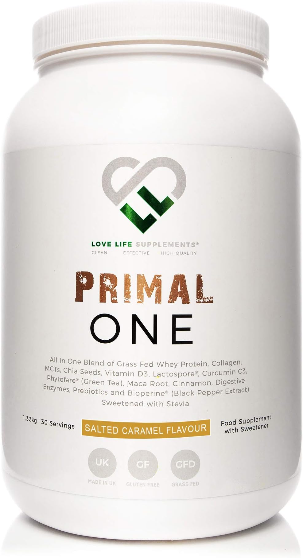 LLS Primal One | Grass Fed Whey Protein Concentrate | Shake with Medium Chain Triglycerides (MCTs) From Coconut | Collagen | Blended with Chia Seeds, Curcumin C3, Probiotic, Green Tea, Maca Root, Vitamin D3, Digestive Enzymes and Inulin Prebiotic | Sweetened Naturally with Stevia | Salted Caramel Flavour | 1.22 kilogram Tub - 30 Servings