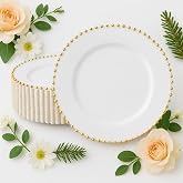 Royalset – 50 Premium Disposable Dinner Plates, Heavy-Duty White Plastic with Gold Beaded Rim | Elegant 10-Inch Plates for Weddings, Holidays & Luxury Events