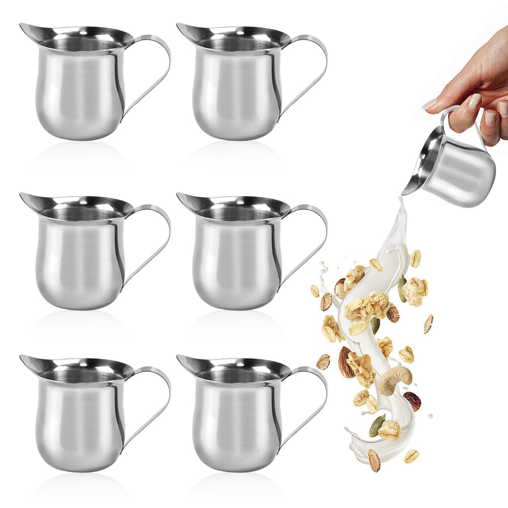 SIYINGSAERY 6 PCS Small Milk Jug 90ml/3oz Milk Creamer Pitcher Stainless Steel Syrup Server Mini Creamer Jugs Bell Creamers Serving Pitcher with Handle for Coffee Milk Creamers and Sauces