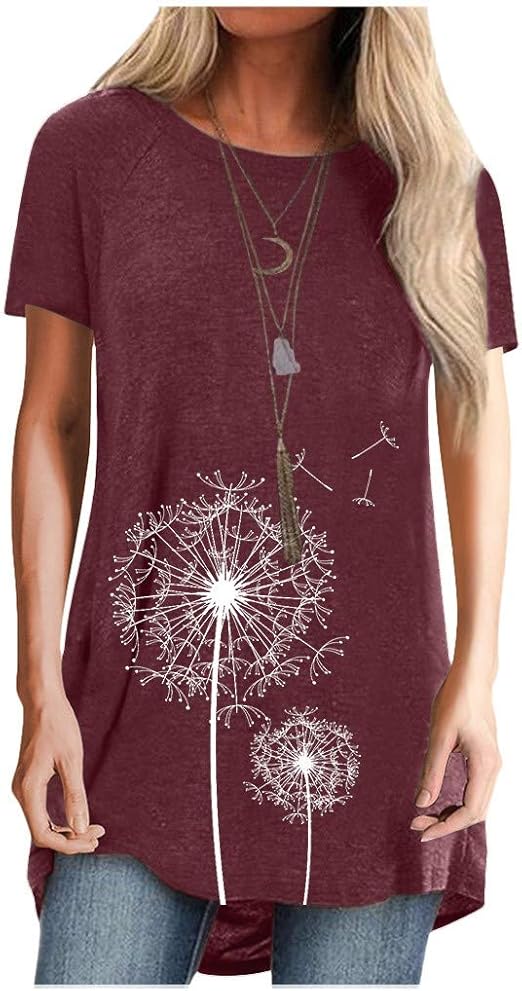 Short Sleeve Tunics for Women to Wear with Leggings Oversized Dandelion