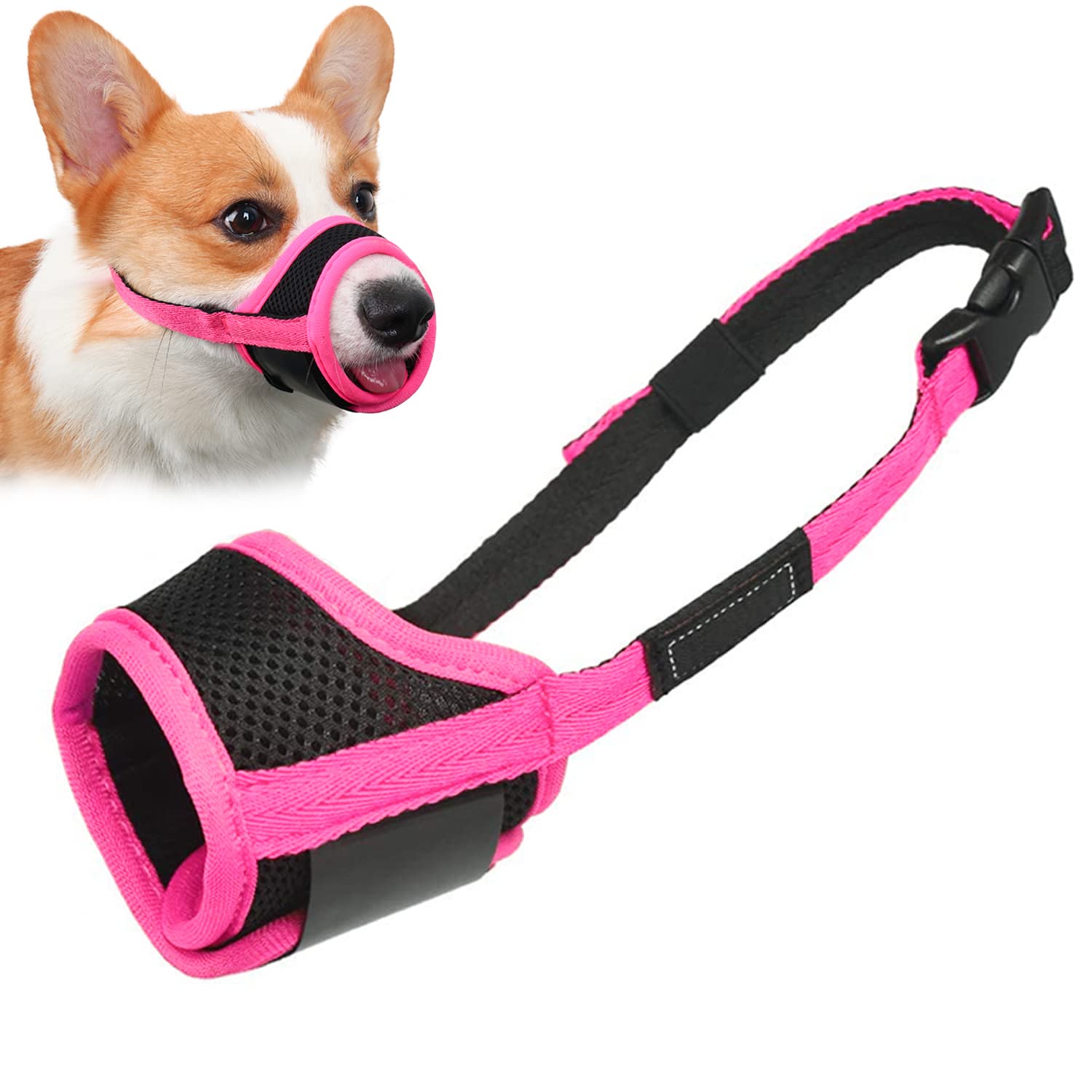 Photo 1 of Dog Muzzle Anti Biting Barking and Chewing with Comfortable Mesh Soft Fabric and Adjustable Strap, Suitable for Small, Medium and Large Dogs(Hot Pink Trim,S)