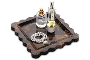 HESHIBI Square Marble Decorative Tray with Scalloped Edge,Luxury Natural Stone Bathroom Vanity Tray, Dresser Top Perfume Coffee Home Kitchen Toilet Sink Tray, Key Trinket Ring Tray (Black Gold, 8 * 8)