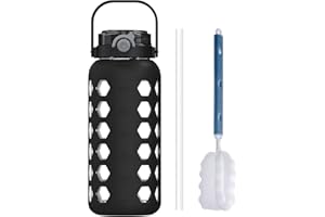 MUKOKO Half Gallon/64 oz Glass Water Bottles with Straw and Lid,Motivational Water Jug with Time Marker Reminder and Silicone Sleeve,100% Leakproof BPA Free Fitness Sports Large Bottle-Black