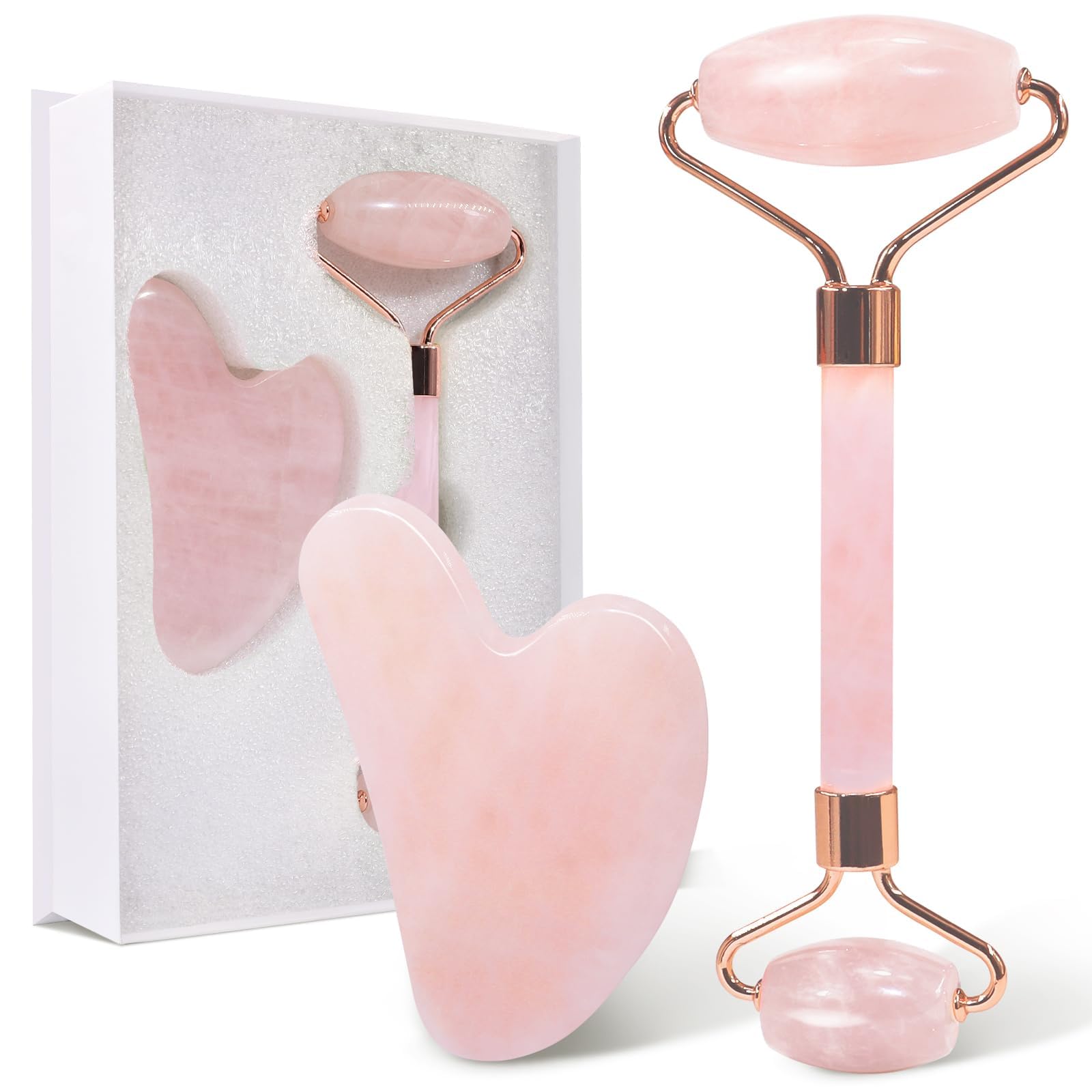 GUGUG Jade Roller and Gua Sha Set, Rose Quartz Roller with Guasha Stone, Face Roller for Women, Massage Tool for Face, Neck and Body Muscle Relaxing, Pink