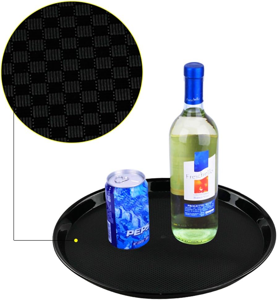 Set of 4 Black Round Serving Trays Plastic Beverage Snack Lightweight