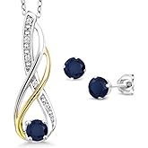 Gem Stone King 1.12 Cttw Blue Sapphire and White Diamond Pendant and Earrings Jewelry Set For Women | 925 Sterling Silver and 10K Yellow Gold | Gemstone Birthstone | With 18 Inch Chain