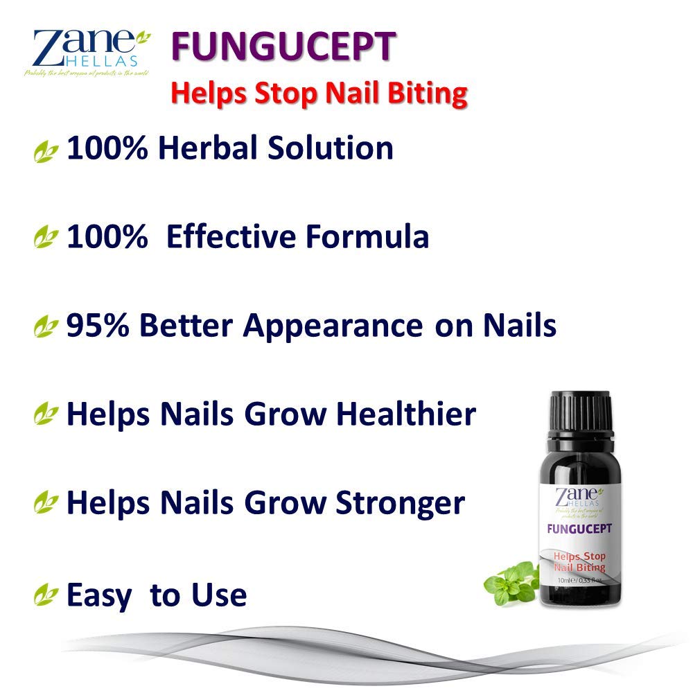Zane Hellas FunguCept. Helps Stop Nail Biting and Thumb Sucking Habit. For Healthy Nails. No Bite. Controls and Prevents Nail Biting 100% Herbal Solution. 0.33 fl. Oz - 10 ml : Beauty