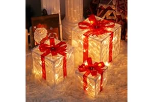 Vanleonet Set of 3 Christmas Lighted Gift Boxes, Christmas Decorations Indoor Outdoor 50 LED Transparent Lighted Boxes for Christmas Tree Decorations