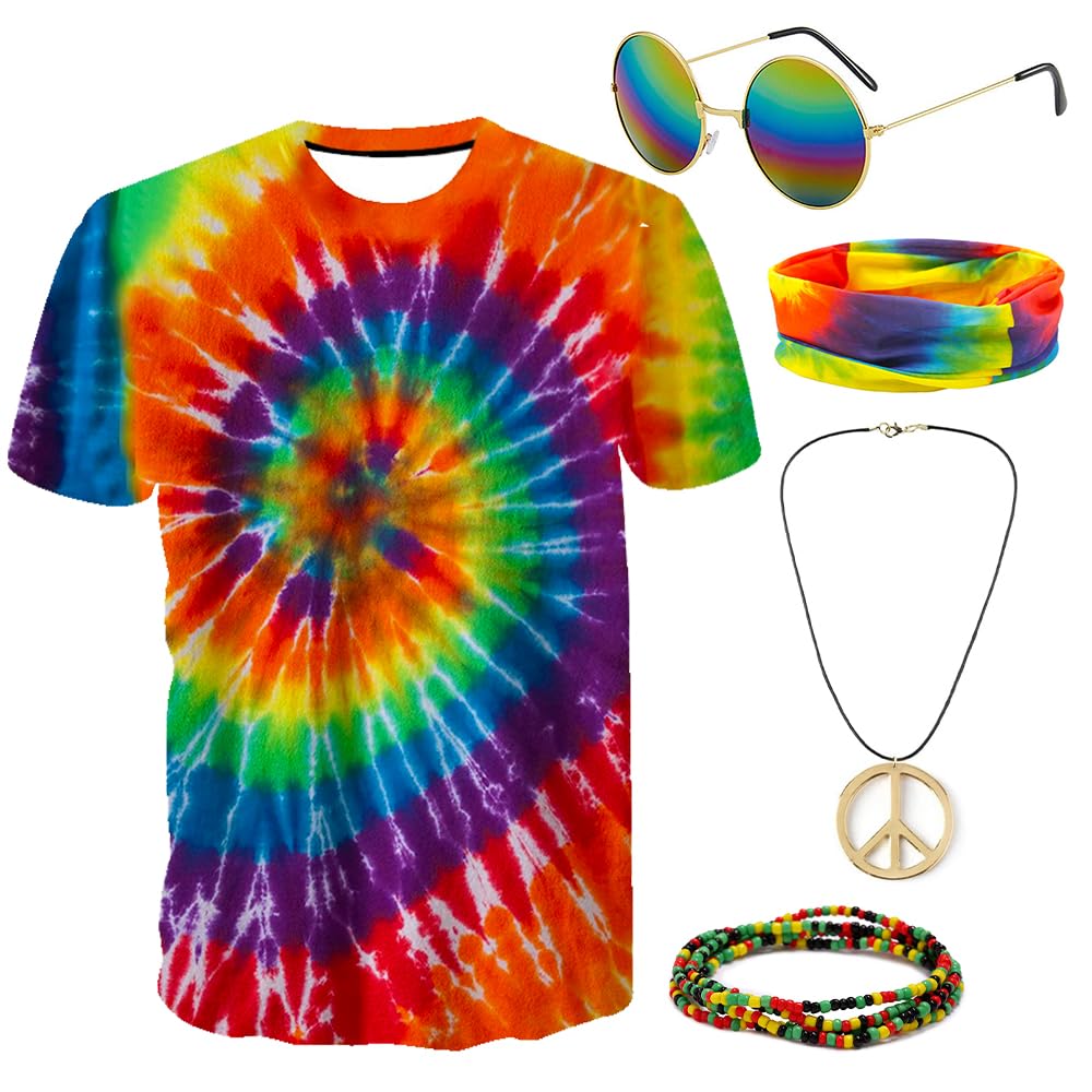 Photo 1 of Gionforsy Hippie Costume Outfit for Men Women 60s 70s Costume Accessories T-shirt Peace Necklace for Halloween Costume Party (Colorful, XL)