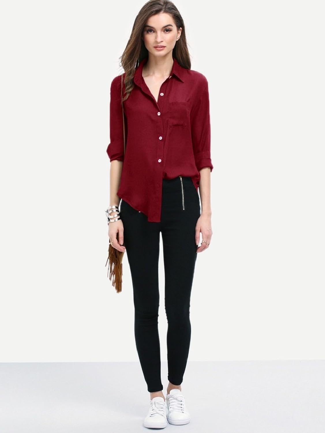 mizago women's casual long sleeves olive green/wine shirt