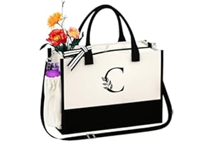 AUNOOL Personalized Beach Bags for Women Birthday Gifts for Mom, Canvas Tote Bag with Zipper and Strap Embroidery Monogrammed Gifts for Teacher Bridemaid Gift Graduation Gifts for her Letter C