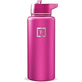 IRON °FLASK Camping & Hiking Hydration Flask with Straw, Wide Mouth Insulated Stainless Steel Sports Water Bottle - Pink Tulip 32 oz - Straw (1 Lid)