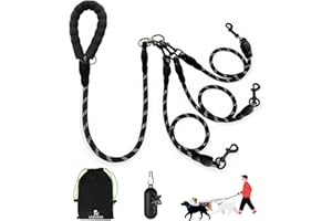 LEOSASA No Tangle 3 Dog Leash - Main Lead Rope with Padded Handle, Three Detachable Leash Splitters, Heavy-Duty Clip, 4.76ft for Walking, Running, Small, Medium, Large Dogs (Black)
