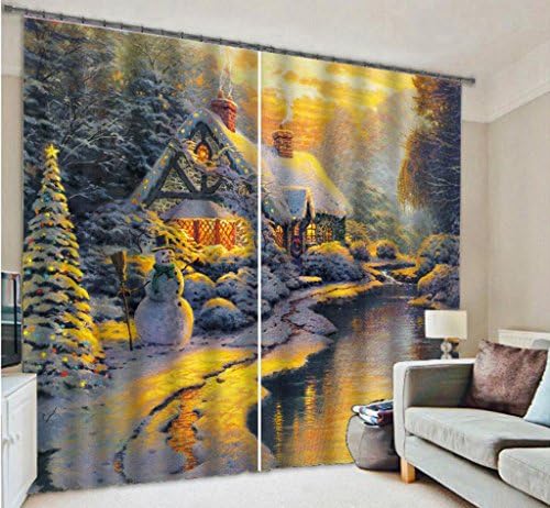 Curtains Polyester 3D The hut in the snowy winter night Cartoon forest house Child Bedroom Decor Print Fabrics Blackout Noise Reducting Window Drapes , wide 2.03x high 1.6