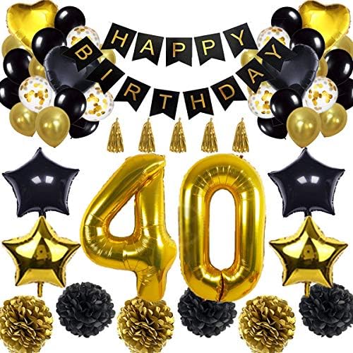 BRT Bearings 40th Birthday Decorations Balloon Banner - Happy Birthday Banner, 40th Gold Number Balloons, Black and Gold, Number 40 Birthday Balloons, 40 Years Old Birthday Decoration Supplies
