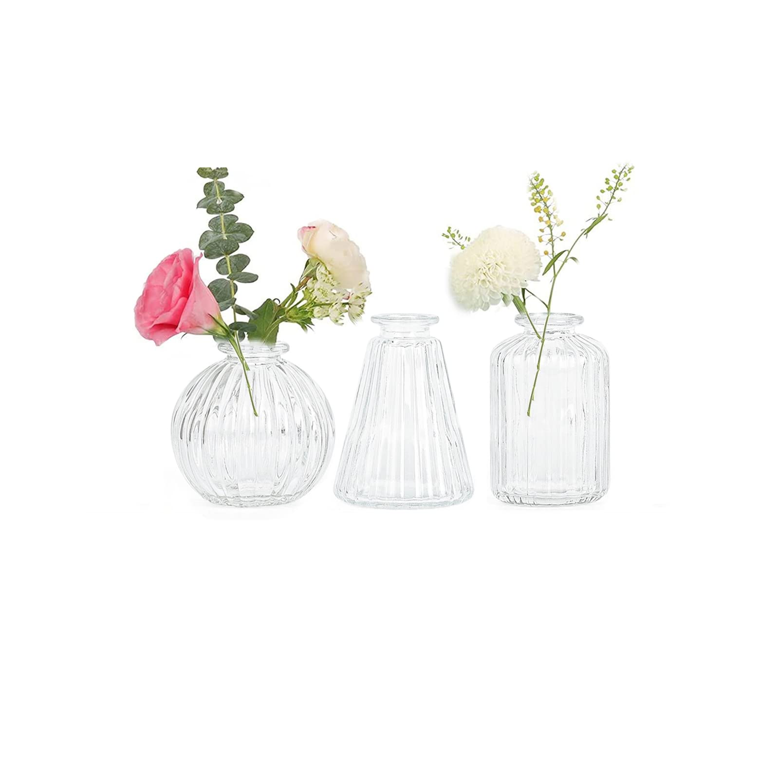 Small Vases for Flowers EylKoi - 3pcs/set Bud Vase Glass Clear Different Shapes, Vintage Wedding Decor, Bud in Bulk for Centerpieces Small Glass Single Flower Vases for HomeEvents Table
