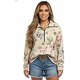 OSCORP Women's Western Rodeo Beige Half Zip Up Hoodie Sweatshirt Casual Long Sleeve Oversized Pullover Top