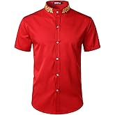 ZEROYAA Mens Hipster Gold Embroidery Mandarin Collar Slim Fit Short Sleeve Casual Dress Shirts