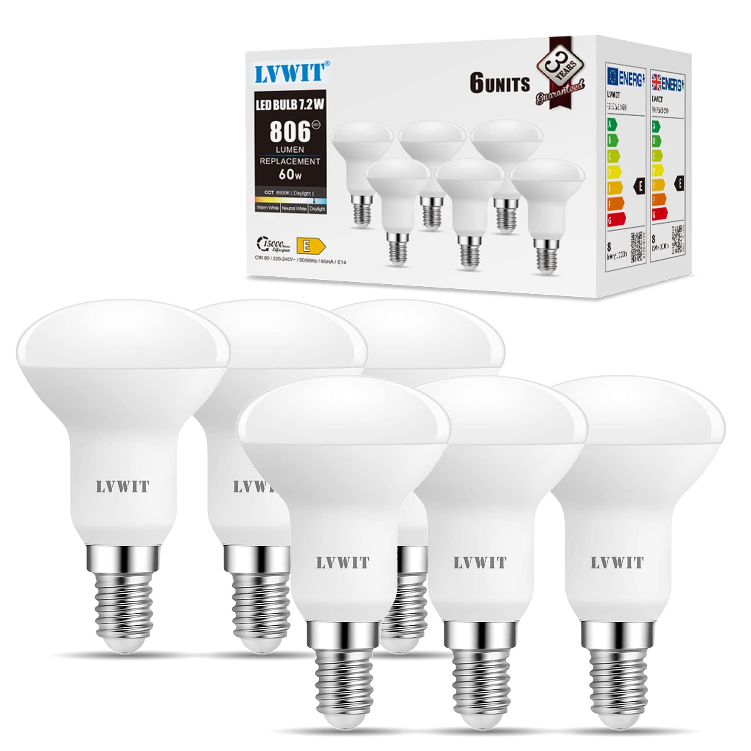 LVWIT Spotlight Bulbs, E14 led Bulb,7.2W E14 Led Light Bulb Cool White, R50 Led Light Bulbs Screw Fitting,R50 Reflector Bulb Small Screw,60W Incandescent, 806LM,6500K,Non-dimmable (Pack of 6)
