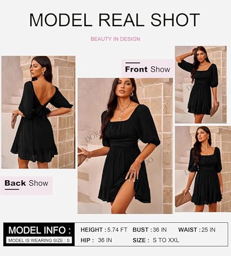 Dokotoo Womens Summer Dresses Square Neck Tie Back Lantern Sleeve