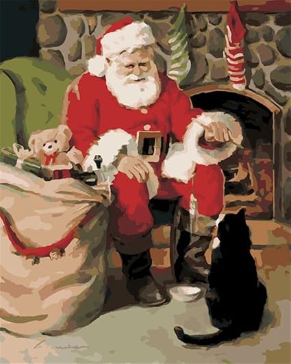 Diy Oil Painting Paint By Number Kit For Kids Adults Beginner 16x20 Inch Santa Claus And Cat Drawing With Brushes Christmas Decor Decorations Gifts
