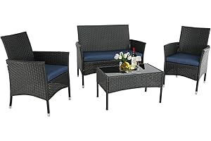 Furnivilla 4 Pieces Patio Furniture Sets Outdoor Furniture PE Wicker Patio Set Patio Conversation Set Balcony Furniture with Cushions and Table for Yard,Pool or Backyard (Black-Blue)