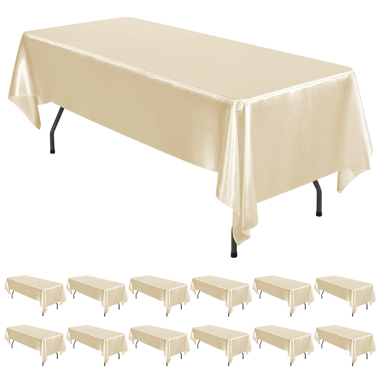 Photo 1 of 12 Pack Champagne Satin Tablecloth, 57 x 108 Inch Silky Satin Table Cloth, Rectangle Bright Silk Tablecloth Smooth Fabric Table Covers Overlay Silky Table Decoration for Wedding Party Banquet Birthday