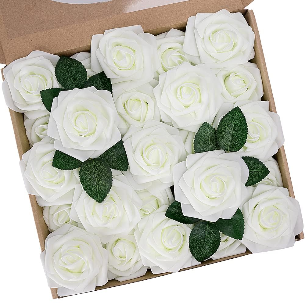 N&T NIETING Artificial Flowers - 25pcs Foam Roses with Stems, Ivory White Fake Flower for DIY Wedding Bouquets, Centerpieces, Crafts, Party & Home Decoration