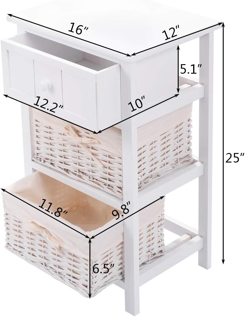 Giantex Nightstand with Drawers Wooden, W/ 2 Storage Baskets and Open Shelf for Bedroom, Bedside Sofa End Table (2, White): Kitchen & Dining