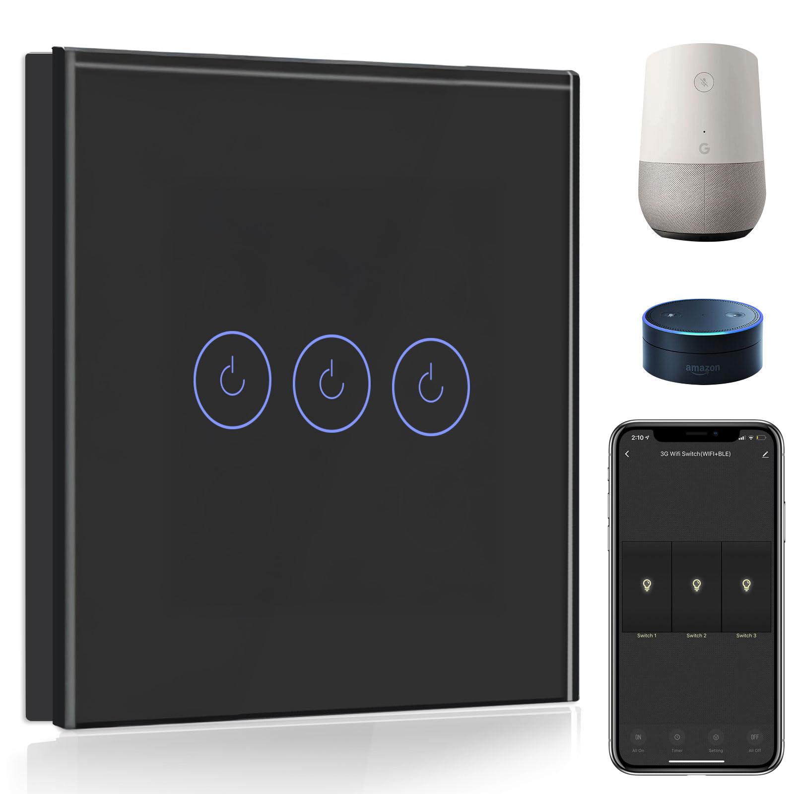 BSEED Smart Light Switch,Compatible with Alexa and Google Home,3 Gang 1 Way WiFi Touch Switch,2 Way or Multi-Way Control by SmartLife APP,Black Alexa Switch with LED Indicator Light-Neutral Wire Need